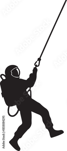 Black Silhouette of Astronaut Climbing Rope on White Background Vector Icon