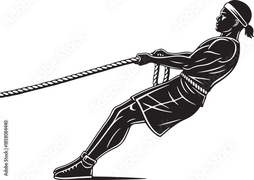 Man Pulling Rope in Tug of War Sport Competition Monochrome Illustration