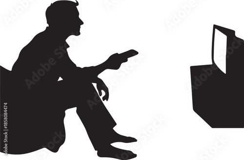 Vector Silhouette of a Man Sitting Watching Television and Holding Remote