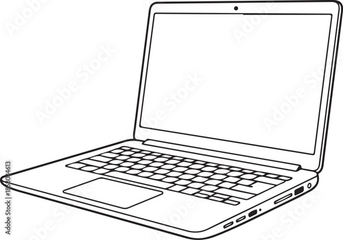 Black Outline Laptop Computer Vector Illustration on White Background