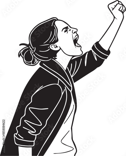 Female Activist Shouting and Raising Fist in Protest or Victory Illustration