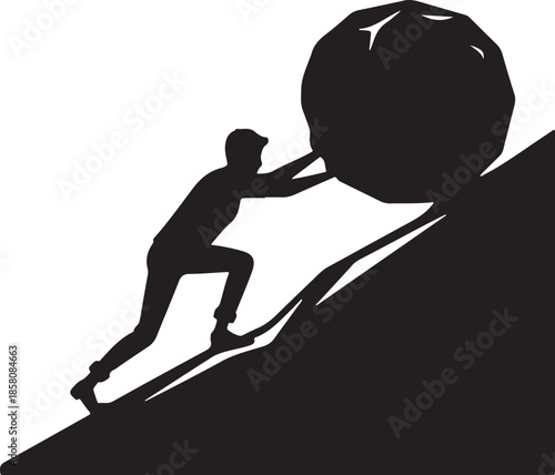 Silhouette of man pushing heavy boulder up slope - struggle and effort