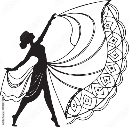 Elegant Dancer Silhouette with Flowing Ornamental Fabric Black and White Vector