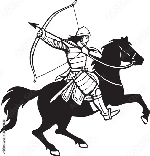 Black and white silhouette of a mounted archer warrior drawing bow on galloping horse.