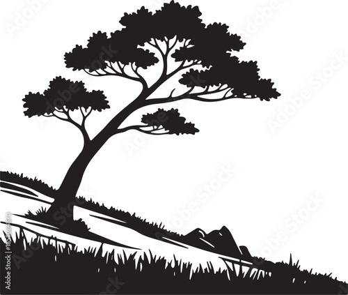 Stylized black silhouette of tree on steep hillside vector illustration