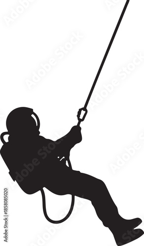 Black Silhouette of Diver Abseiling on Rope Isolated Vector Illustration
