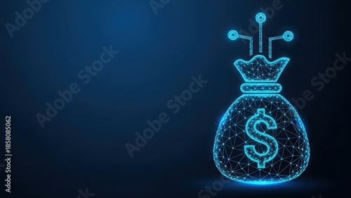 Digital money bag with dollar sign glowing with technological connections on a dark blue abstract background