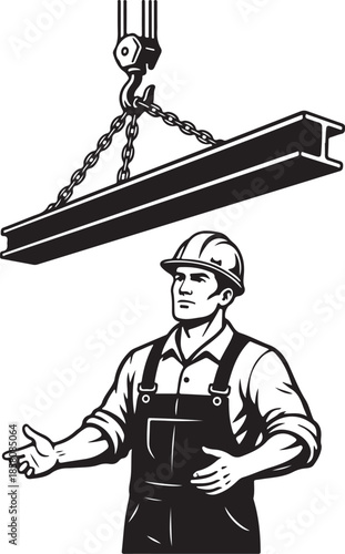 Construction Worker Supervising Crane Lifting Steel I-Beam Monochromatic Vector