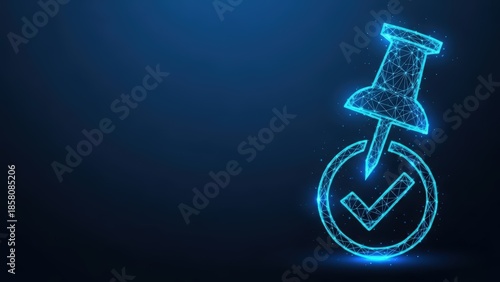 Digital pin with check mark signifying confirmation and task completion on a blue abstract background