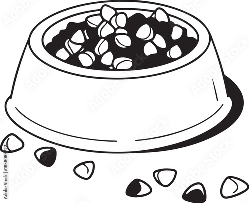 Black and white line art of dog or cat food bowl filled with dry kibble
