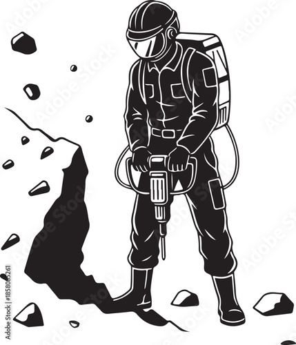 Demolition Worker Operating Jackhammer Breaking Rock Isolated Vector