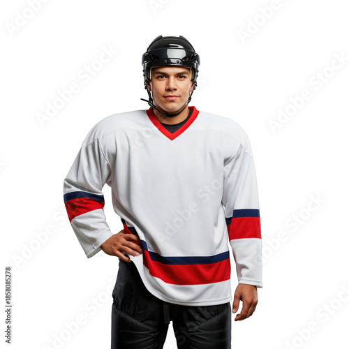 Professional Male Ice Hockey Player Wearing White Jersey and Helmet in Studio Portrait