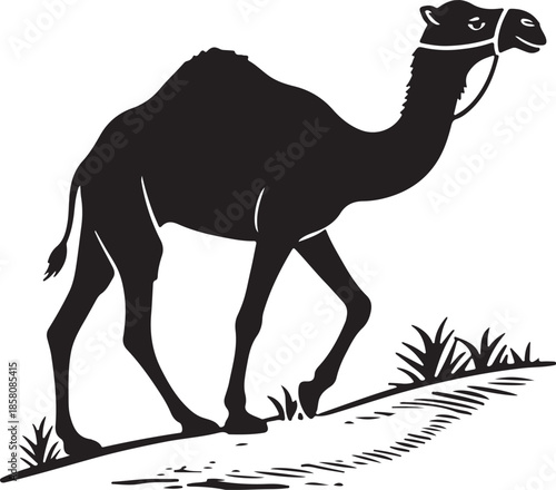 Minimalist Black Silhouette of Camel Walking on White Background