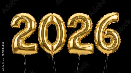 Golden Foil Balloon Numbers 2026 Isolated on Black Background for New Year Celebration