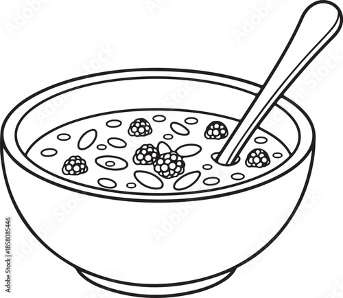 Black and white line art illustration of cereal or oatmeal bowl with berries