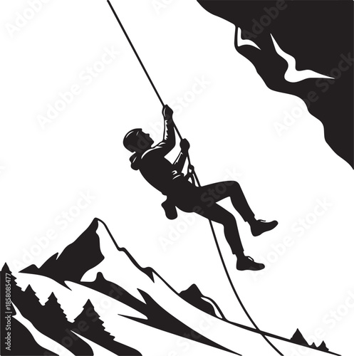 Rock Climber Rappelling Down Steep Mountain Silhouette Vector Art
