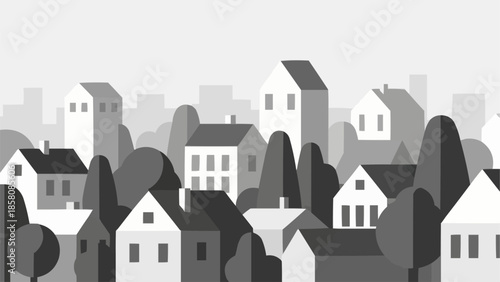 Stylized illustration of a cityscape with houses and trees.