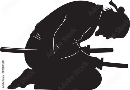 Japanese Warrior Kneeling and Bowing Respectfully with Katana Silhouette