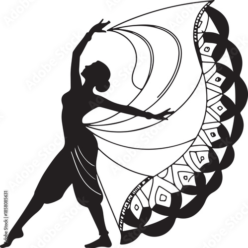 Vector illustration of dancer performing with ornamental fan or veil silhouette