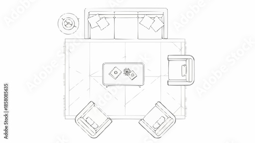 Top down view of a living room furniture layout plan.