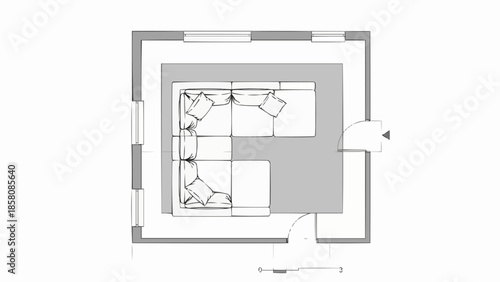 Top down view of a modern living room floor plan layout.