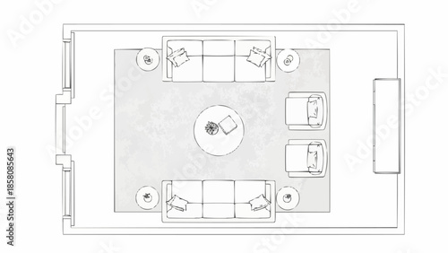 Top down view of a living room floor plan layout.