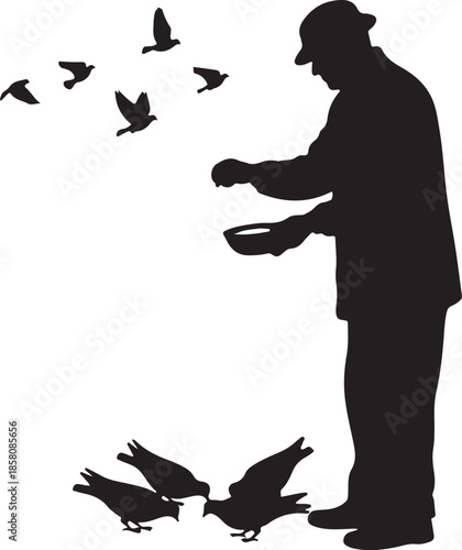 Silhouette of a man feeding pigeons vector illustration on white background