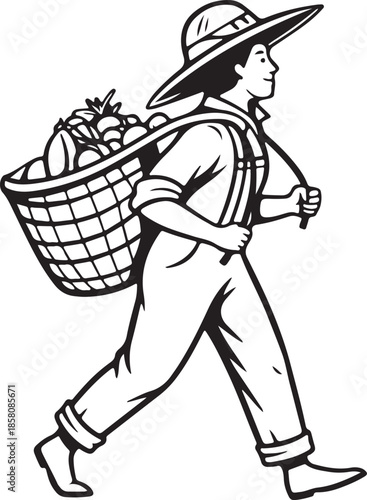 Black and White Woodcut Style Illustration of Farmer Carrying Harvest
