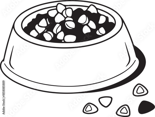 Vector line art of pet food bowl filled with dry triangular kibble