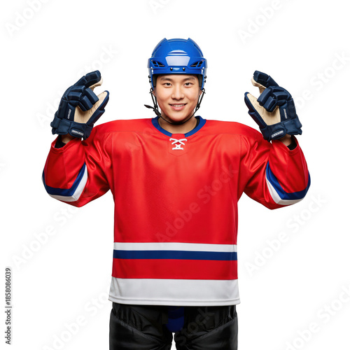 Cheerful Male Hockey Player in Red Jersey Celebrating with Blue Helmet and Gloves