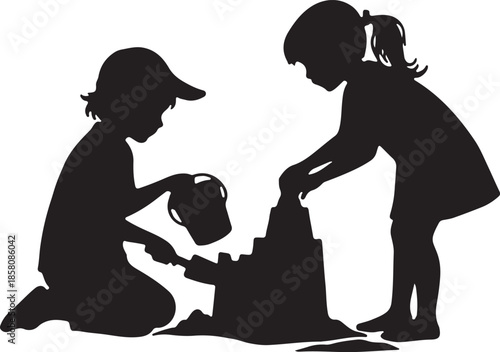 Two Children Playing Sandcastle Silhouette - Summer Fun and Beach Activities