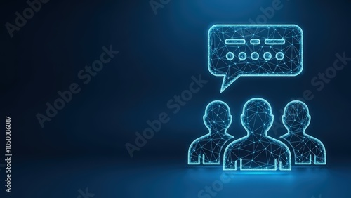 Two abstract figures in glowing digital wireframe style engaging in a conversation represented by a speech bubble