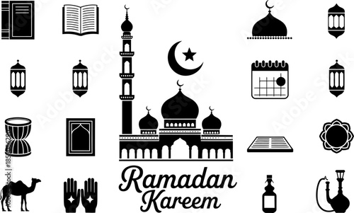 Islamic symbols and Ramadan Kareem text with mosque camel and lanterns