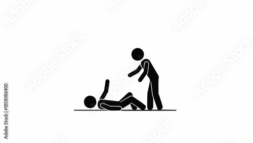 Stick figure helping another stick figure up from the ground.