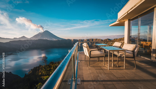 Breathtaking Balinese Volcanic Landscape With Seating Area Overlooking Caldera Lake At Sunrise With Smoke Plume Rising From Mount Agung