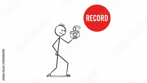 Stick figure holding a camera with a red record button above.