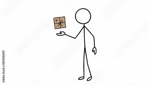 Stick figure holding a small wooden puzzle cube in hand.