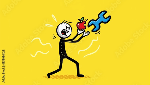 Stick figure holding an apple and a wrench with a confused expression.