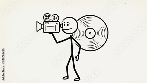 Stick figure holding vintage movie camera with vinyl record behind.