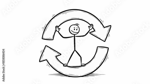 Stick figure inside circular arrows representing recycling or repetition.