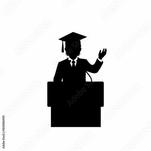 silhouette of a graduate giving a speech on a white background