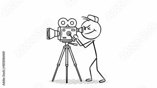 Stick figure operating a vintage film camera on a tripod.