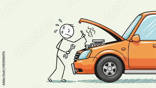 Stick figure mechanic struggling to fix a broken car engine.