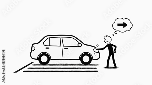 Stick figure pushing a car forward with an arrow thought bubble.