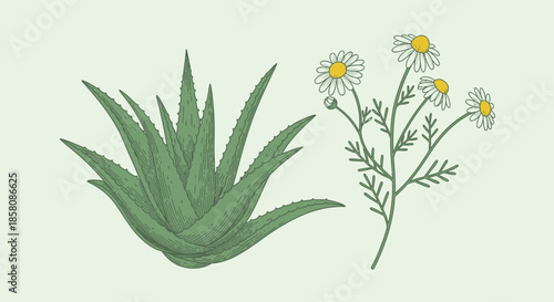 Detailed illustration of an aloe vera plant and a chamomile plant on a light green background.