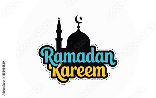 Ramadan Kareem text with mosque silhouette and crescent moon 1