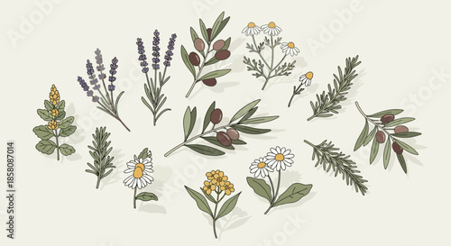 A collection of hand-drawn botanical illustrations featuring lavender, olive branches, chamomile, and rosemary on a light background.