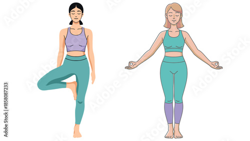Vector illustration set of women in yoga tree and mountain poses for wellness concepts
