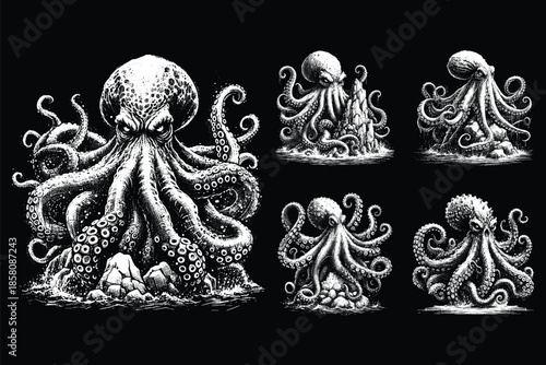 Set Bundle Hand Drawn Gold Fish Aquatic Black White Vintage Dark Art for Tattoo and Clothing illustration