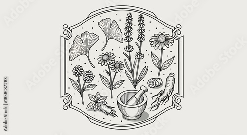 Detailed monochrome illustration of various medicinal herbs and plants with a mortar and pestle, framed in an ornate border, representing traditional medicine.